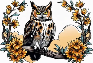 Great horned owl on a branch with coneflowers surrounding tattoo idea