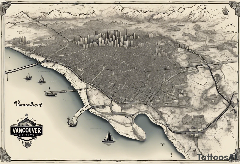 A overview old school map of vancouver B.C with water drop staining and major roadways highlighted with honeycomb tattoo idea