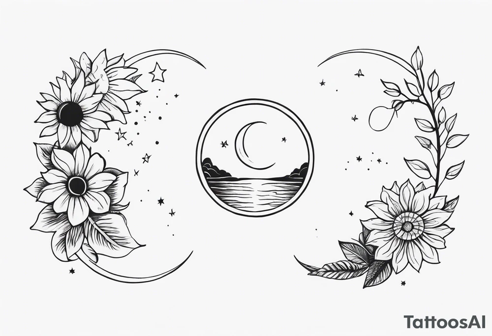 Matching friend tattoos, moon and sun, floral, vines, tiny and minimal tattoo idea