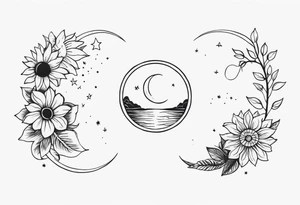 Matching friend tattoos, moon and sun, floral, vines, tiny and minimal tattoo idea