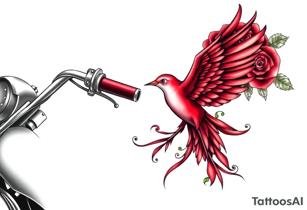 Motorcycle, red bird flying, roses and lace, flames tattoo idea