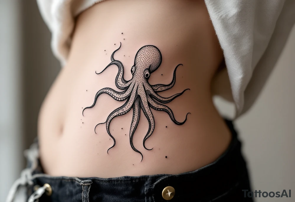A delicate, large-scale fine line tattoo on the side torso of a woman with fair skin, extending from the ribs to the hip. The design subtly reveals the form of an octopus, with flowing, abstract organic lines that resemble both seaweed and the creature’s tentacles. The octopus is stylized and partially hidden within the composition, with its shape emerging naturally from the curved, airy ink lines. The tattoo maintains a minimalist, elegant aesthetic with black fine line work, giving a sense of fluid motion and mystery. Photorealistic style, high detail, natural lighting, soft shadows. tattoo idea