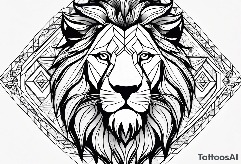 A geometric design with a lion head and a mountain. The tattoo is a full sleeve tattoo idea