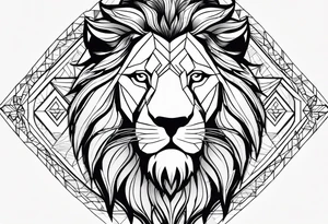 A geometric design with a lion head and a mountain. The tattoo is a full sleeve tattoo idea