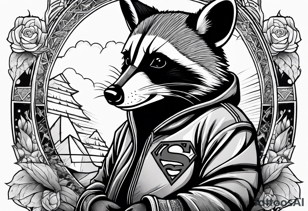 raccoon wearing a Superman hoodie tattoo idea