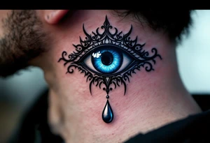 A black Nazar symbol (evil eye) with rich blue irises and a silver tear drop below. tattoo idea
