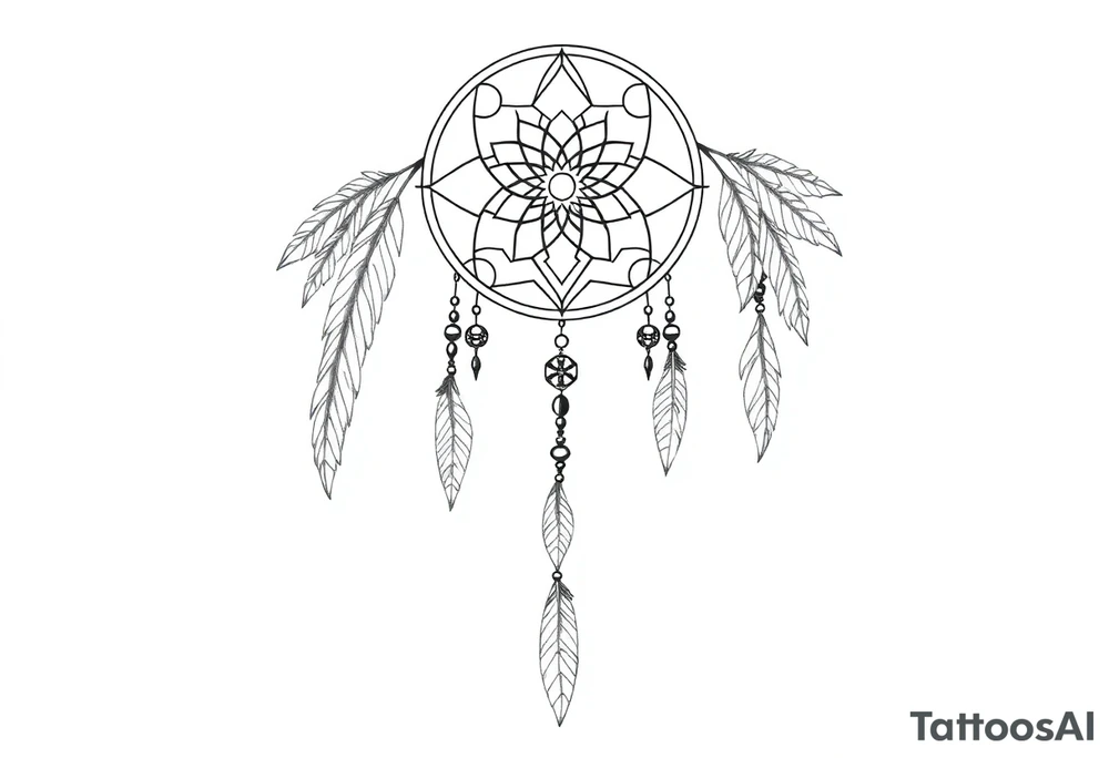 native dreamcatcher with flowing feathers and sacred beads tattoo idea