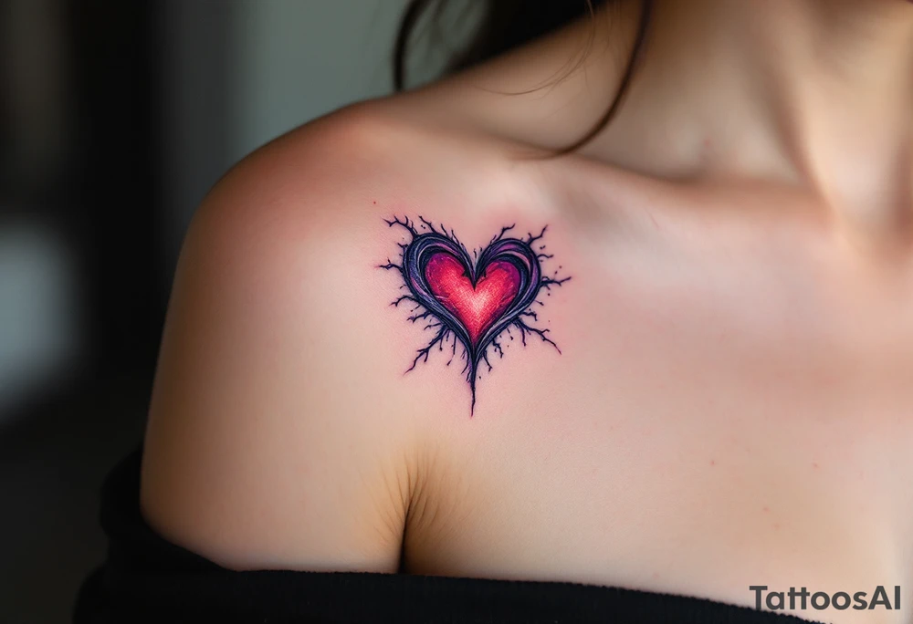 A purple and black shaded infinity symbol wrapping around a red heart in the middle. tattoo idea