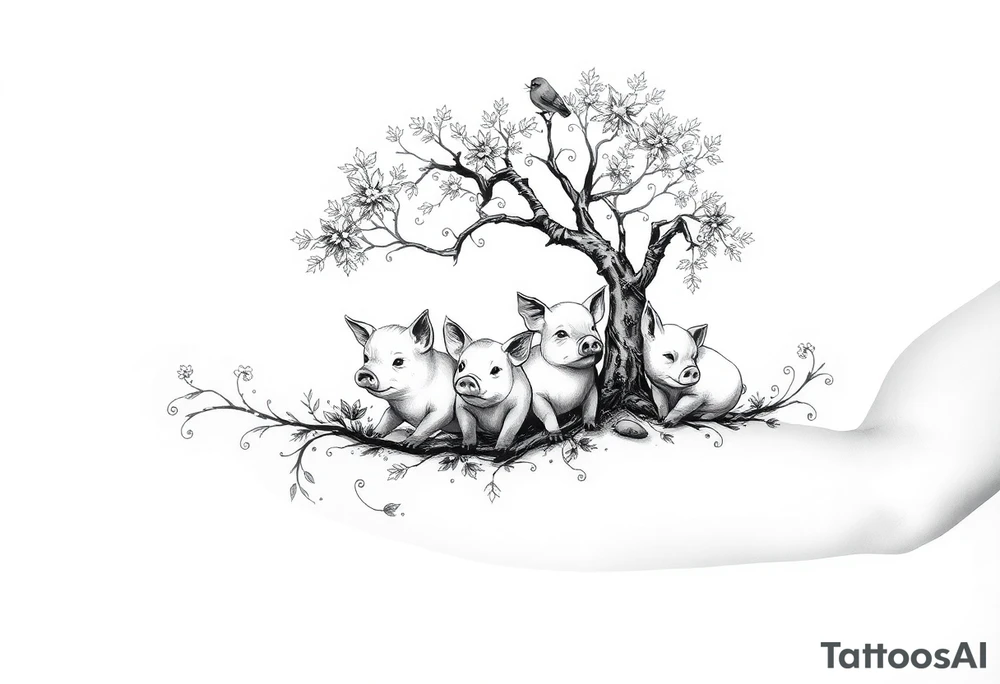 3 little piggy's hiding under a a tree tattoo idea
