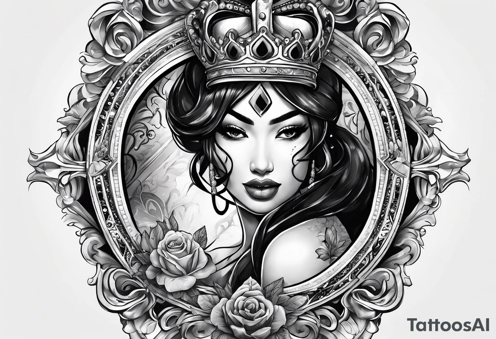 Latina Queen ahegao, drooling, happy, Spade Symbol with letter Q in the center of the spade framed, surrounded by whitespace tattoo idea