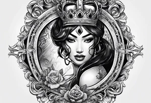 Latina Queen ahegao, drooling, happy, Spade Symbol with letter Q in the center of the spade framed, surrounded by whitespace tattoo idea
