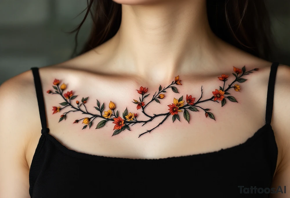 Two separate collarbone tattoos of long, stems and branches covered with red, orange, yellow and dark forest green leaves and flowers, academia, witchy, muted, delicate and gentle but moody, following the collarbone. More muted, not so bright, darker colors. Fewer amount of leaves, larger leaves. Less flowers and leaves. tattoo idea