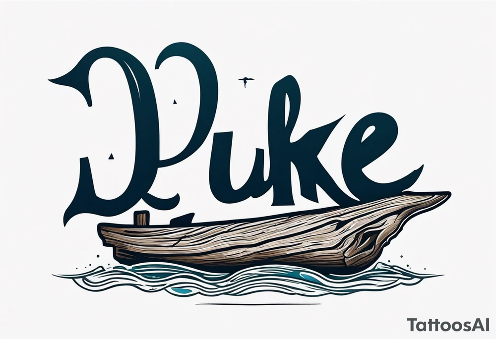 piece of driftwood underwater with the word duke written in the wood tattoo idea