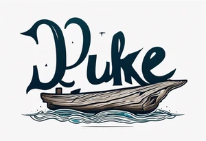 piece of driftwood underwater with the word duke written in the wood tattoo idea