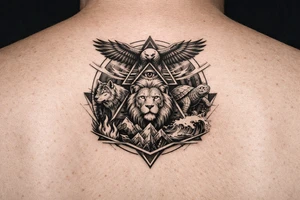 Strength, humble, honourable, respectful, being adaptable to all situations

Using animals, elements (earth wind fire water), geometric shapes tattoo idea