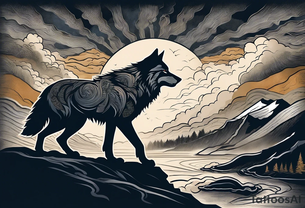 tattoo of a lone wolf navigating through a rugged landscape, with each obstacle representing a life battle – rocky terrain symbolizing challenges, storm clouds signifying hardships, and wild rivers representing struggles. The wolf is depicted with piercing eyes and a determined expression, embodying resilience and strength as it forges ahead. In the background, a subtle glow of sunlight breaks through the clouds, symbolizing hope and perseverance. Alongside the wolf, the phrase "Endure and Conquer" is inscribed in bold, minimalist lettering, encapsulating the theme of overcoming adversity with resilience and determination. tattoo idea