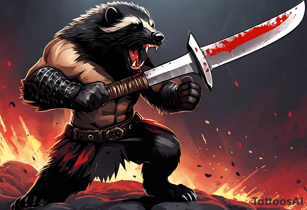 Draw me psychopath Fearless Honey Badger/Berserker with aggressive full body, killer face with a scary smile, very long nails and he attacks like a Bloody Assassin/Warrior/Gladiator to us and also, he has very deadly looking. He fights with his nails only. Everybody scares after their first sight. Give me horror type Badger Tattoo. I want to see his Realistic full body with no weapons. You can show destruction at the back. tattoo idea