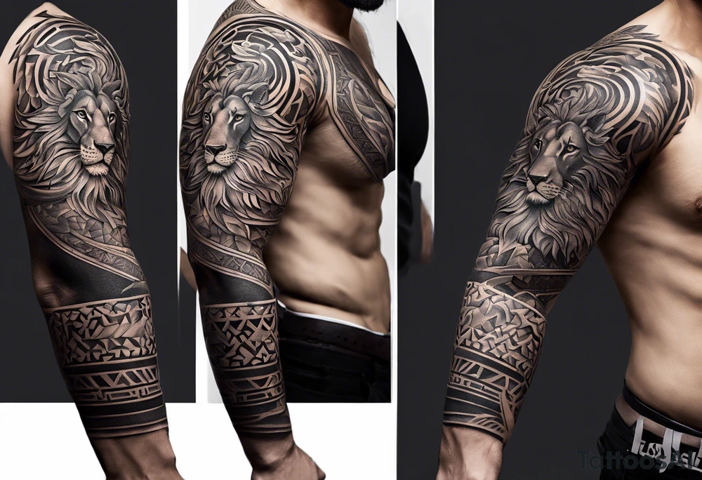 A full tattoo sleeve designed with a strong, masculine aesthetic, featuring a powerful lion as the centerpiece. The lion, symbolizing strength, courage, and leadership, is depicted with intricate detail and dynamic shading, capturing its fierce expression and majestic mane. Surrounding the lion, incorporate geometric patterns that add structure and contrast to the design. These patterns are bold and angular, creating a sense of order and symmetry that complements the natural form of the lion. The geometric elements are woven around the lion, emphasizing its central position while providing a modern, edgy backdrop. The shading throughout the sleeve is deep and dramatic, enhancing the contrast between the organic features of the lion and the precise lines of the geometric patterns. The overall design is bold, intense, and visually striking, combining the raw power of the lion with the clean, ordered aesthetic of geometric patterns for a cohesive and masculine tattoo sleeve. tattoo idea