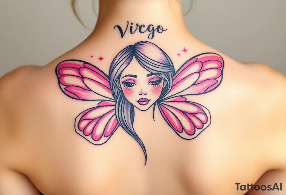 A dreamy portrait of a woman with delicate butterfly wings, in soft lavender, pink, and pearl white hue with the word Virgo above her head tattoo idea