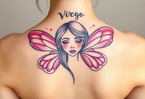 A dreamy portrait of a woman with delicate butterfly wings, in soft lavender, pink, and pearl white hue with the word Virgo above her head tattoo idea