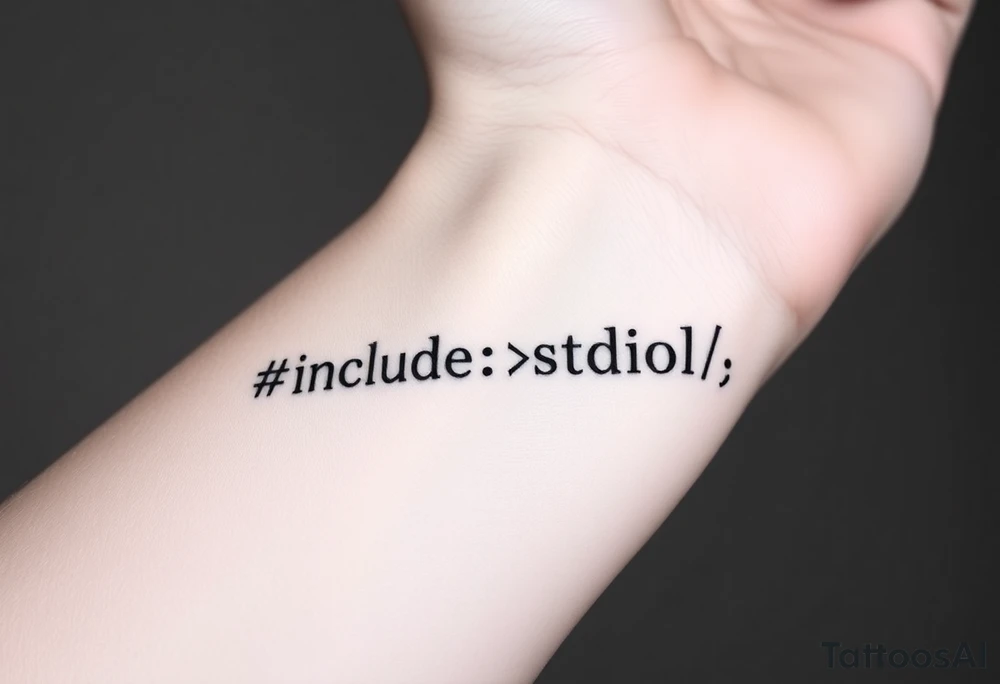 Minimalist black tattoo of the text "#include <stdio.h>" on a human wrist. Clean monospace font (programming style), thin lines, sharp and precise lettering. No colors, only solid black ink. Realistic skin texture, natural wrist curvature, subtle lighting. Simple and elegant composition, no additional elements or decorations. Focus on clarity and readability of the code text. tattoo idea