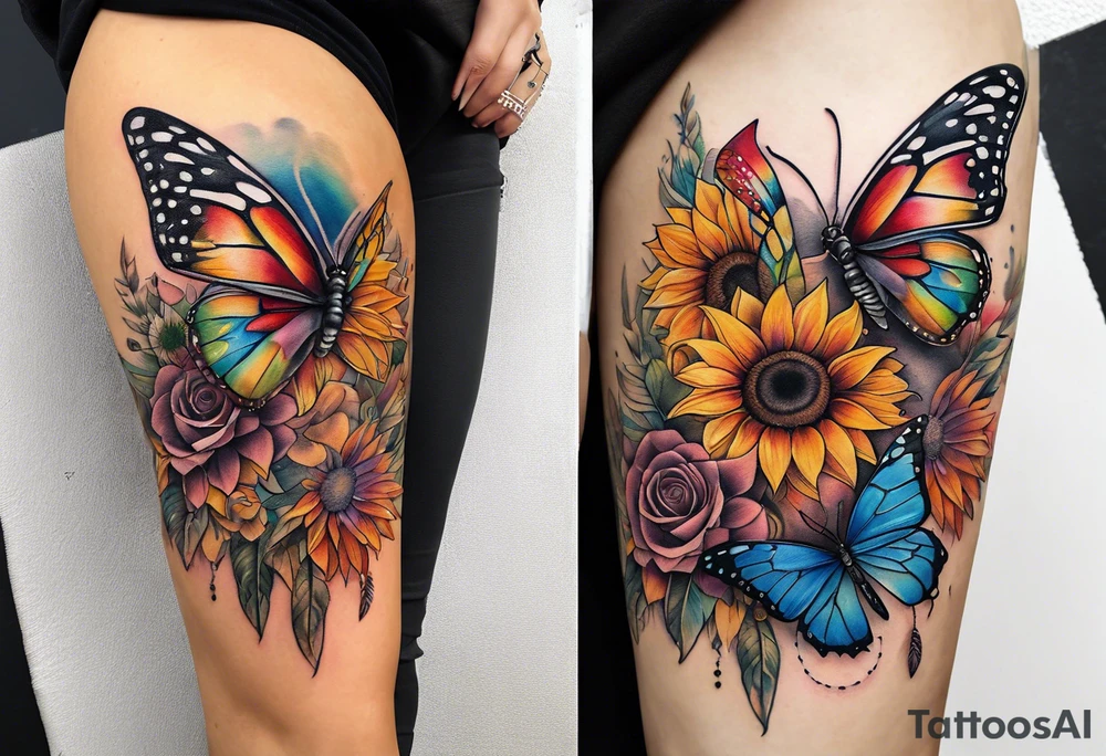 Quarter Leg sleeve with dreamcatcher, rainbow sunflowers and one butterfly tattoo idea