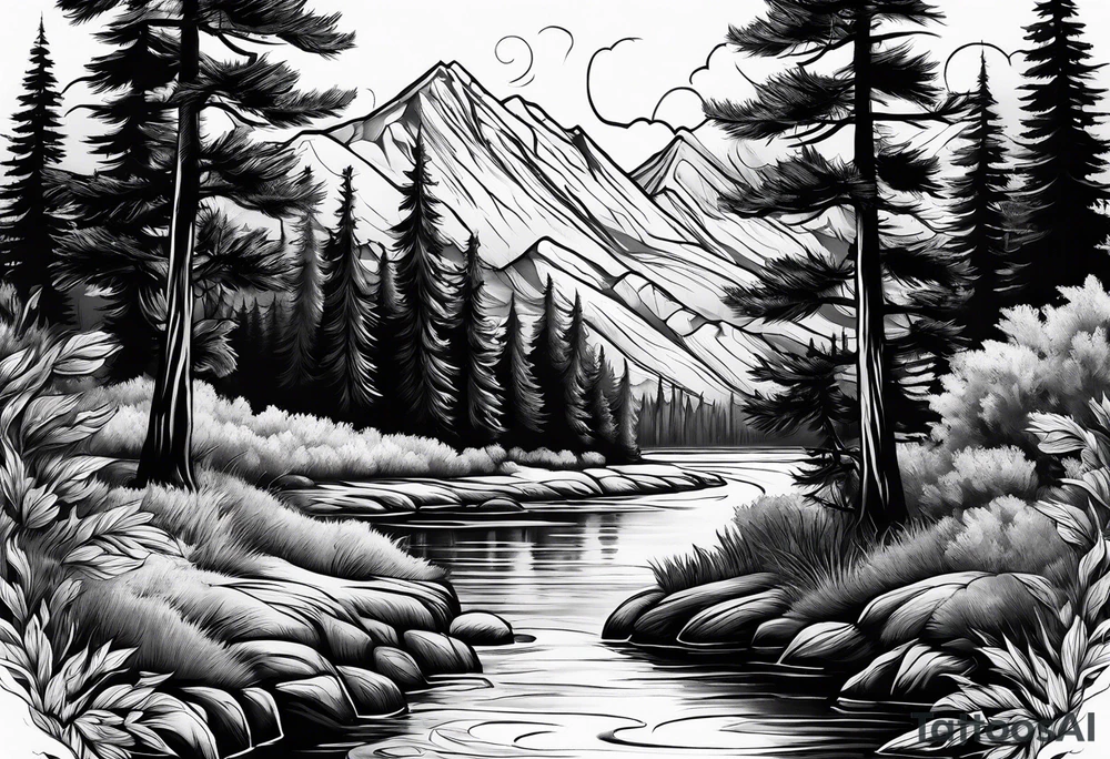 River with cedar trees tattoo idea