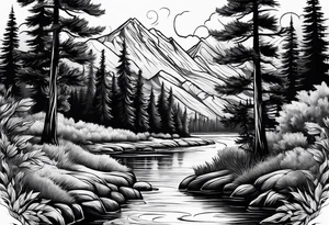 River with cedar trees tattoo idea