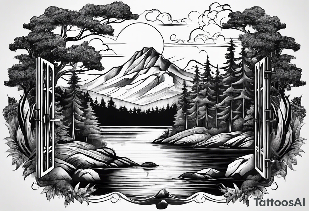 A forest with a lake. Woth a small island in the middle. On the island there a gate tattoo idea