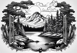 A forest with a lake. Woth a small island in the middle. On the island there a gate tattoo idea
