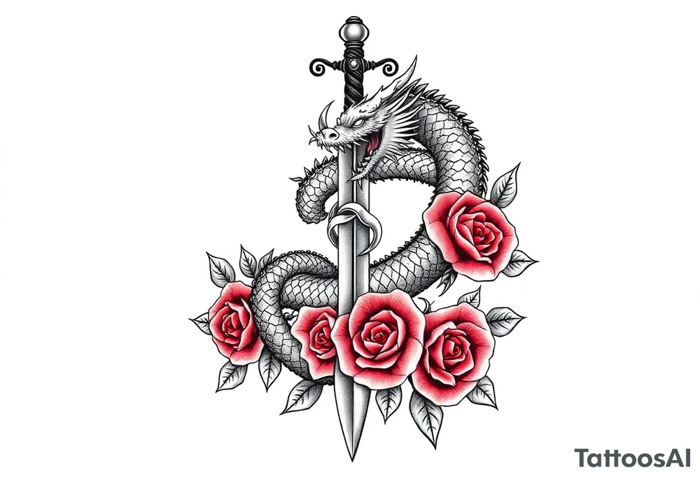dragon coils around a sword,roses, tattoo idea
