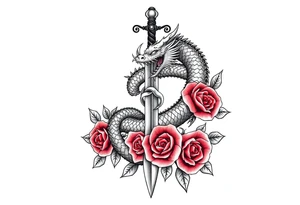 dragon coils around a sword,roses, tattoo idea