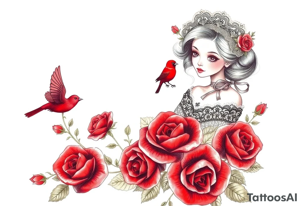 Vintage dollies, red roses, lace, red bird, no people, vintage tattoo idea