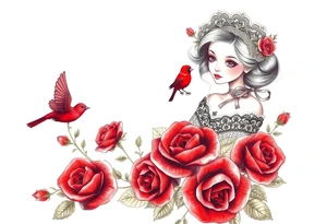 Vintage dollies, red roses, lace, red bird, no people, vintage tattoo idea