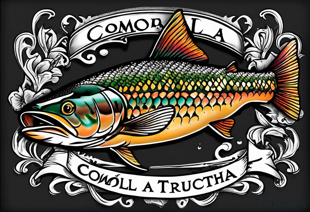A small tattoo with a shaded trout and text that says, 'Como la trucha...' drawn with fine lines." tattoo idea