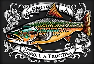 A small tattoo with a shaded trout and text that says, 'Como la trucha...' drawn with fine lines." tattoo idea