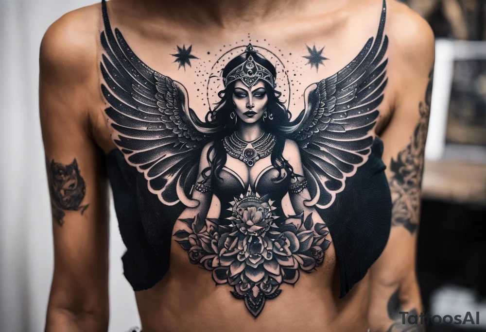 black kali, goddess pirate, alien, angel, pachamama, valkrye, warrior, flying, skull, lotus azul, wing, eagle, zenza resonance, stars, 5D, anahata chakra, death, durga, riding on a tiger, flying lady, chest tatoo tattoo idea