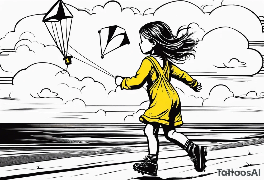 a little girl running with a kite, holding a teddy bear in yellow overalls and roller skates. with "Go Fly A Kite" spelled out in clouds tattoo idea