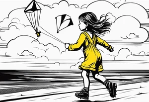 a little girl running with a kite, holding a teddy bear in yellow overalls and roller skates. with "Go Fly A Kite" spelled out in clouds tattoo idea