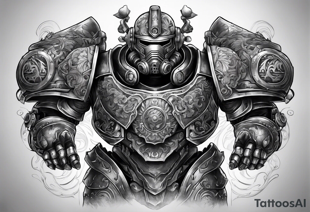 Power armor with Greek engravings tattoo idea