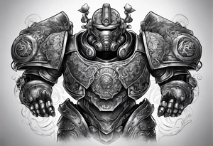 Power armor with Greek engravings tattoo idea