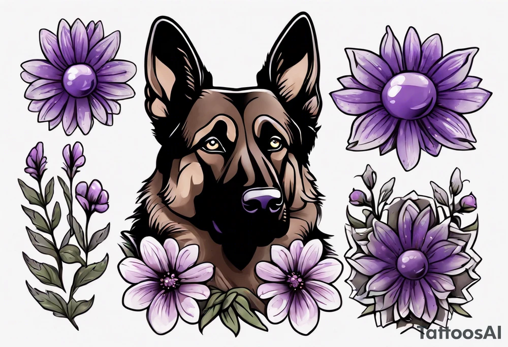 Dark Brown female German shepherd portrait surrounded by purple daisies tattoo idea
