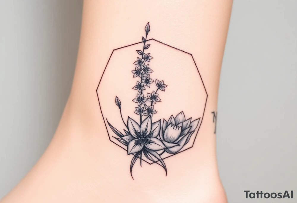 Hexagon Leo larkspurs and water lilies tattoo idea