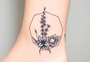Hexagon Leo larkspurs and water lilies tattoo idea