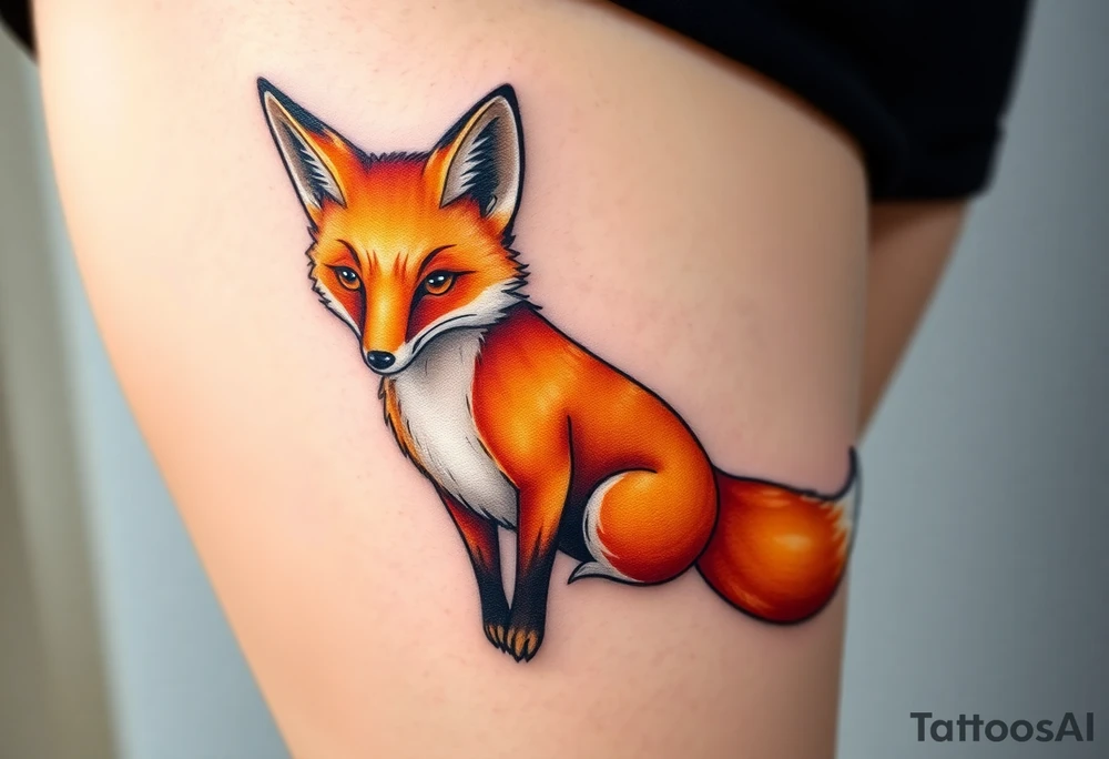 A gracefully detailed fox tattoo, with a rich, fiery orange coat transitioning into deep copper and golden highlights, symbolizing wisdom, passion, and loyalty. The fox’s chest and tail tip are a soft, snowy white, blending seamlessly into the fur’s natural texture. Its piercing amber eyes radiate intelligence and playfulness. tattoo idea