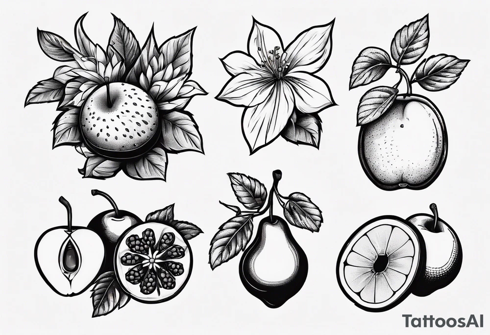 Fruits and flowers tattoo idea