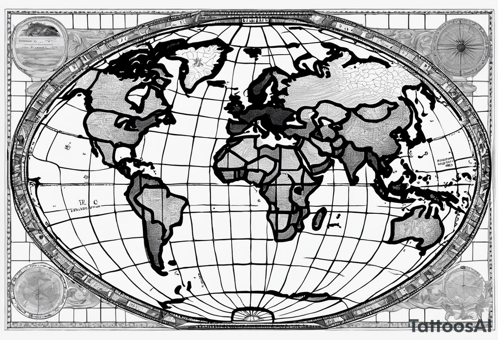 the earth on a flat map with no shading placed on a grid with only the lines with accurate depictions of the borders in countries while having it in an oval/circular position on a grid without any borders on the sides while having the countries not have such bold borders tattoo idea