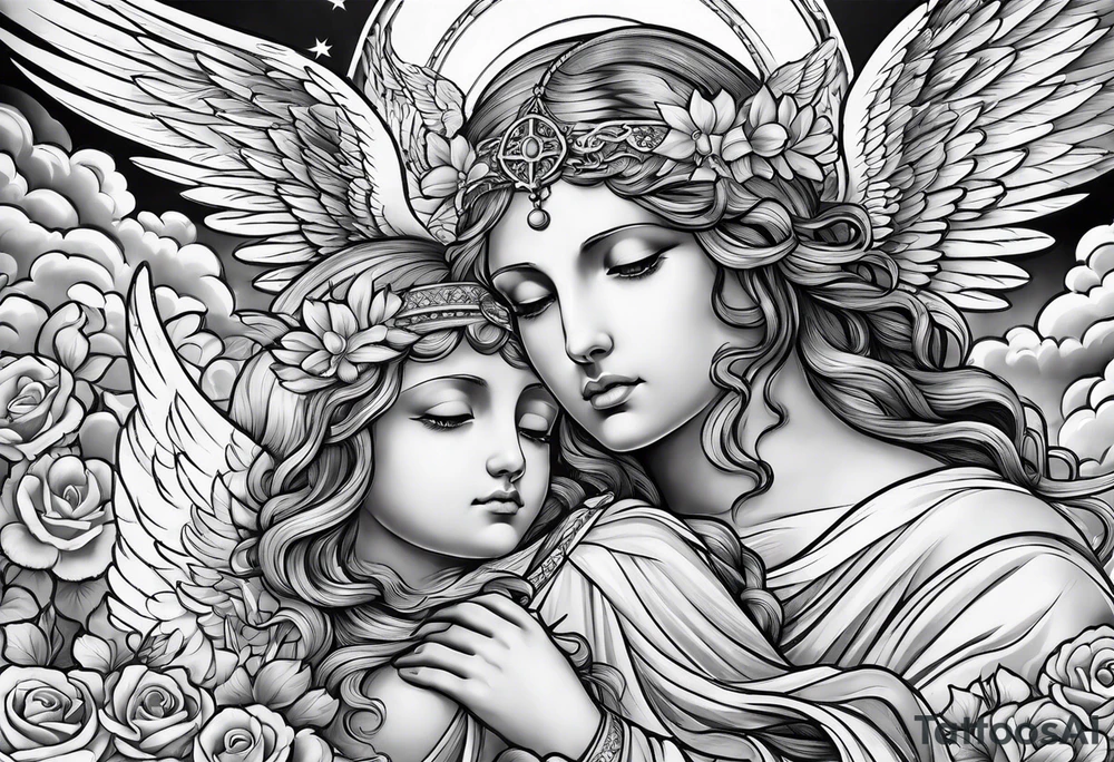 Religious sleeve angels clouds heaven tattoo idea