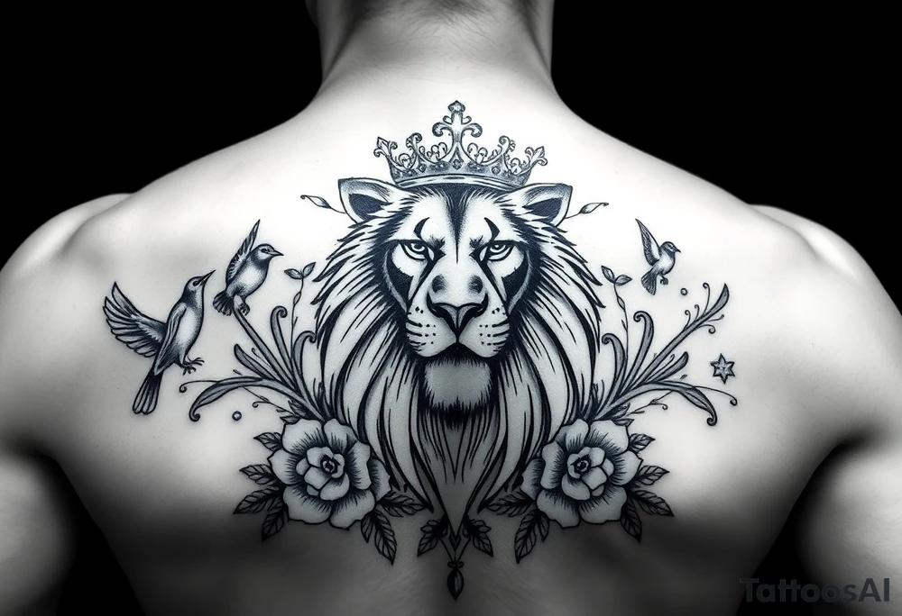 powerful majestic lion with a crown, surrounded by floral ornaments and birds tattoo idea