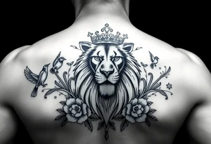 powerful majestic lion with a crown, surrounded by floral ornaments and birds tattoo idea